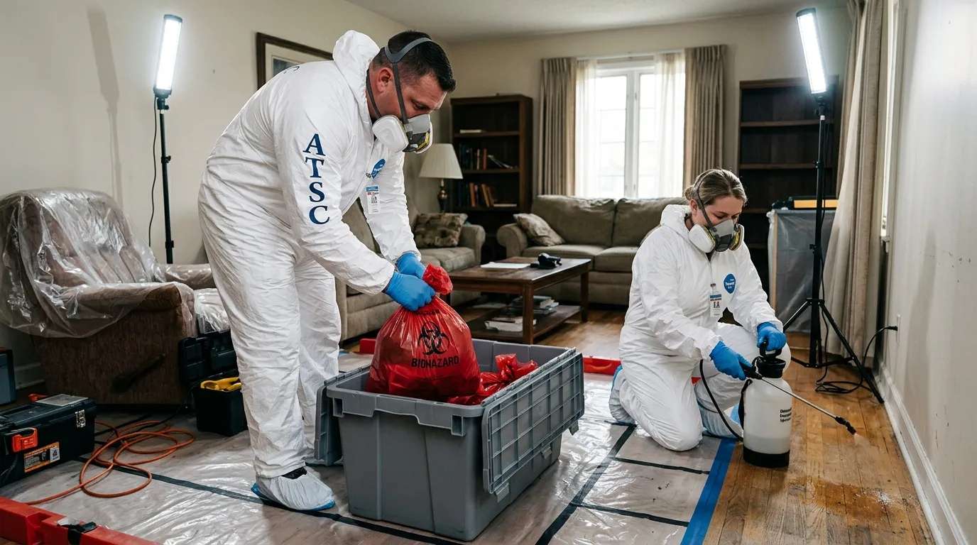 Professional Hoarding Cleanup technician in full PPE working in Webster